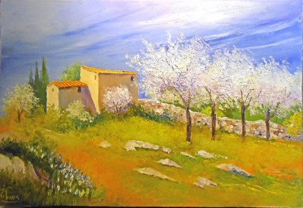 Jean Marie Ferrer artiste peintre de Provence, vente en ligne de tableaux à l'huile au couteau sur toile au couleurs de la Provence. Tableaux petits format. Les amandiers.