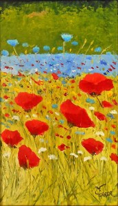 Jean Marie Ferrer artiste peintre de Provence, vente en ligne de tableaux à l'huile au couteau sur toile au couleurs de la Provence. Tableaux petits format. Coquelicots et bleuets.