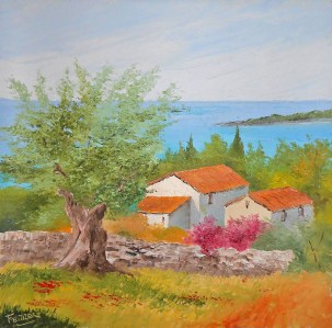 Jean Marie Ferrer artiste peintre de Provence, vente en ligne de tableaux à l'huile au couteau sur toile au couleurs de la Provence. Tableaux carrés sans châssis. VUE SUR MER