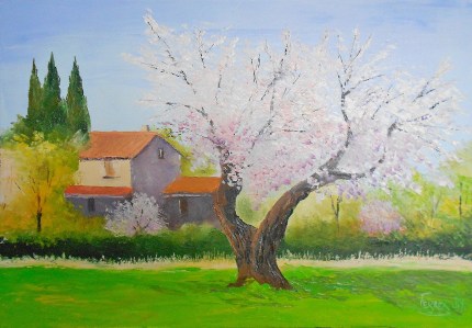 Jean Marie Ferrer artiste peintre de Provence, vente en ligne de tableaux à l'huile au couteau sur toile au couleurs de la Provence. Sous l'amandier.